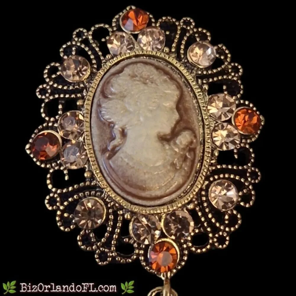 Modern Victorian Revival Cameo Brooch Gold Tone Amber Rhinestone Dangle Pin